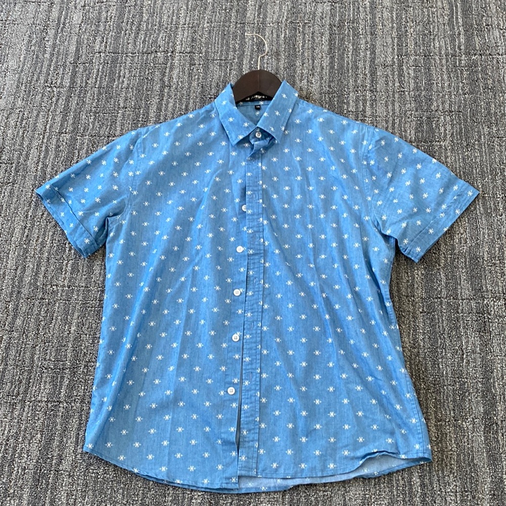 Allegra K Blue Chambray Patterned Button Down Shirt